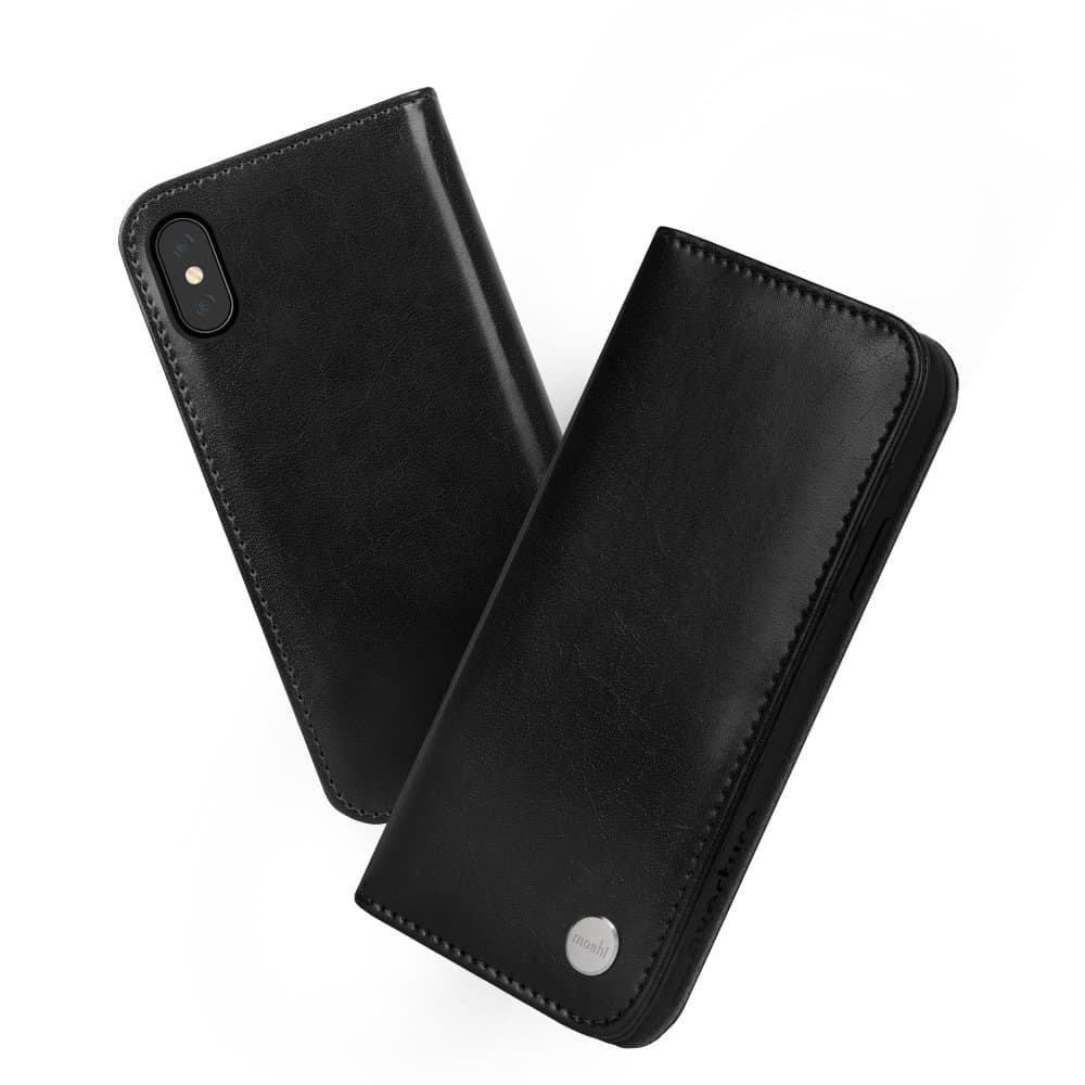 Кожен/текстилен калъф, тип портфейл и поставка за iPhone X - Moshi Overture Case (черен)