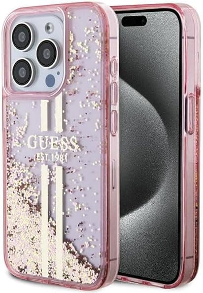 Дизайнерски кейс с висока защита за iPhone 15 Pro Max - Guess Liquid Glitter Gold Stripe Case (розов)