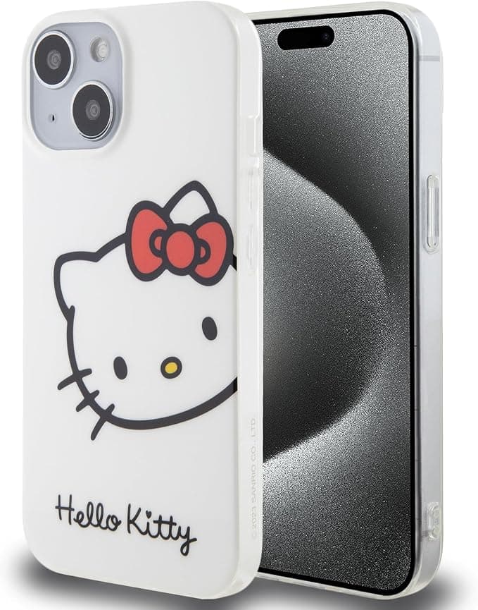 Дизайнерски силиконов кейс за iPhone 15 - Hello Kitty IML Head Logo Case (бял)