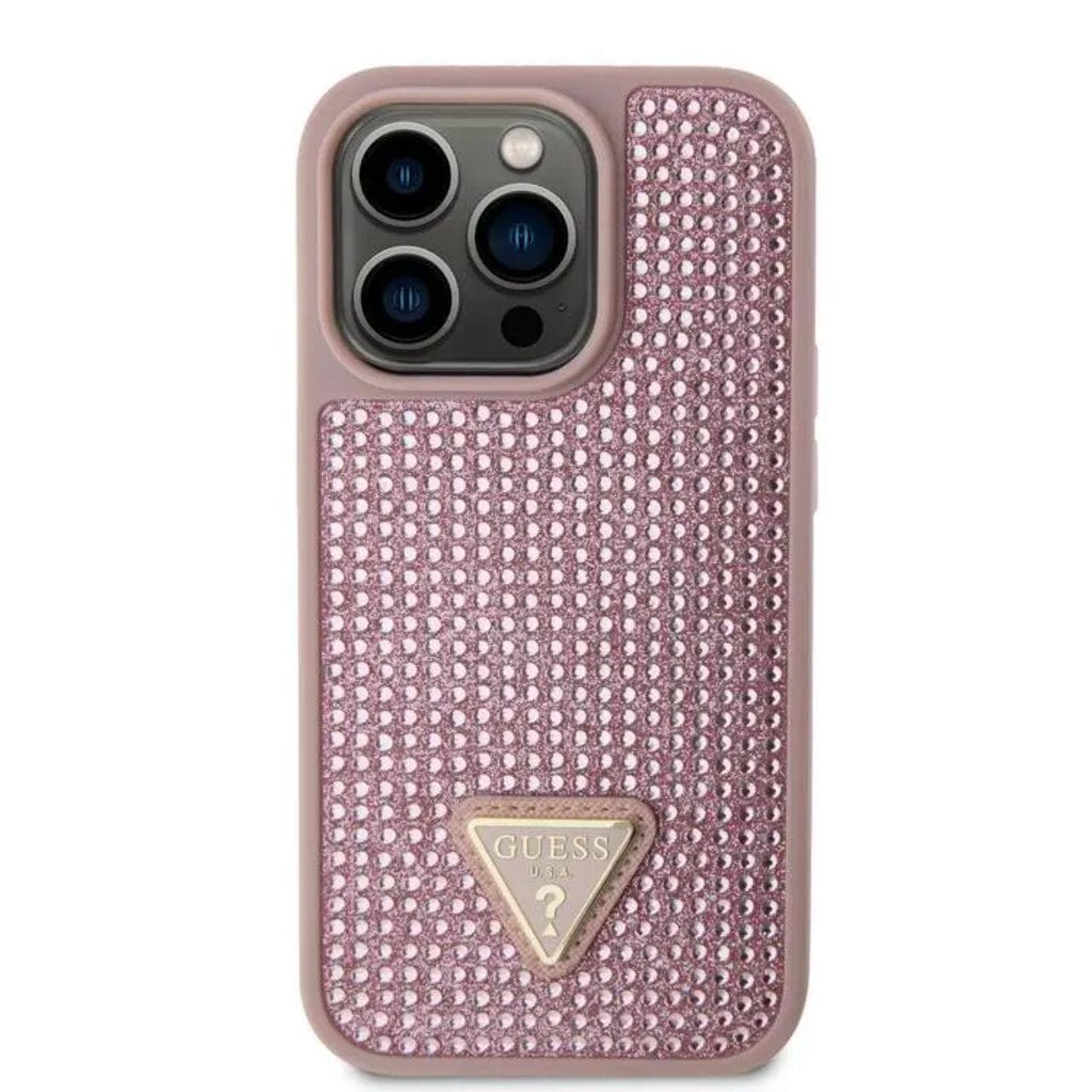 Силиконов (TPU) калъф за iPhone 15 Pro - Guess Rhinestones Triangle Metal Logo Case (розов)