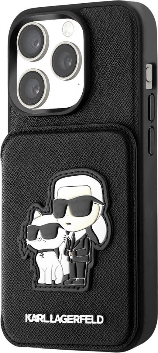 Дизайнерски кожен кейс с отделение за карти за iPhone 15 Pro - Karl Lagerfeld PU Saffiano Card Slot Stand Karl and Choupette Case (черен)