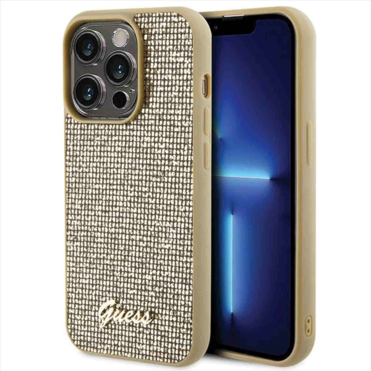 Дизайнерски кожен кейс за iPhone 15 Pro - Guess PU Square Mirror Script Logo Leather Hard Case (златист)