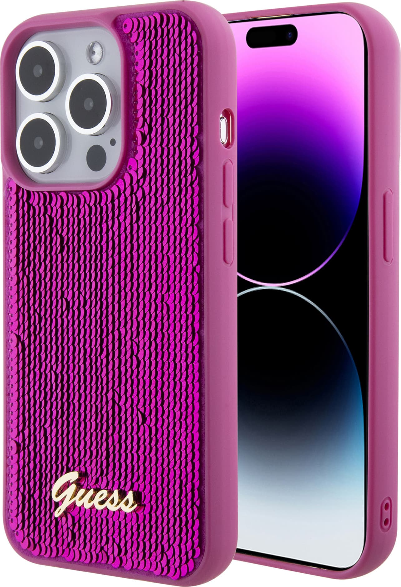 Дизайнерски силиконов кейс за iPhone 15 Pro - Guess Sequin Script Logo Case (розов)