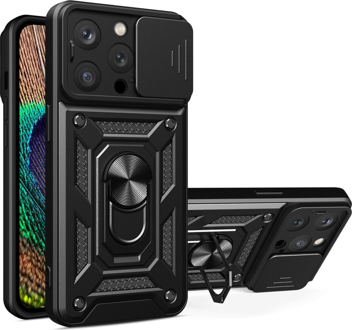 Хибриден удароустойчив кейс с пръстен против изпускане за iPhone 15 Pro Max - Armor Camshield Hybrid Case With Stand (черен)