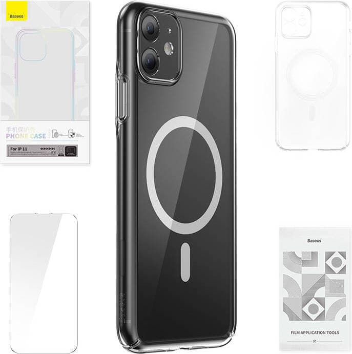 Поликарбонатов кейс с MagSafe и стъклено защитно покритие за дисплея за iPhone 11 - Baseus Crystal Magnetic Case Set (ARSJ010002) (прозрачен)