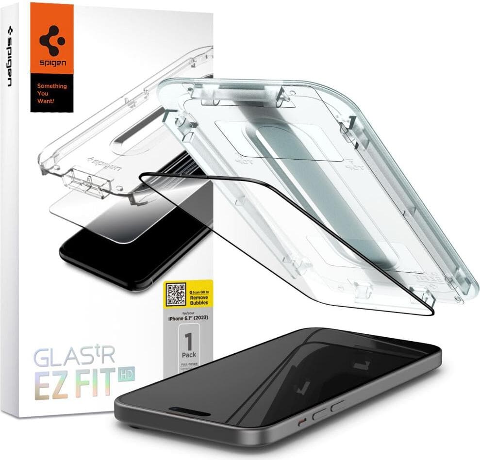 Стъклено защитно покритие за дисплея на iPhone 15 - Spigen Glas.tR EZ Fit Full Cover Tempered Glass (черен-прозрачен)