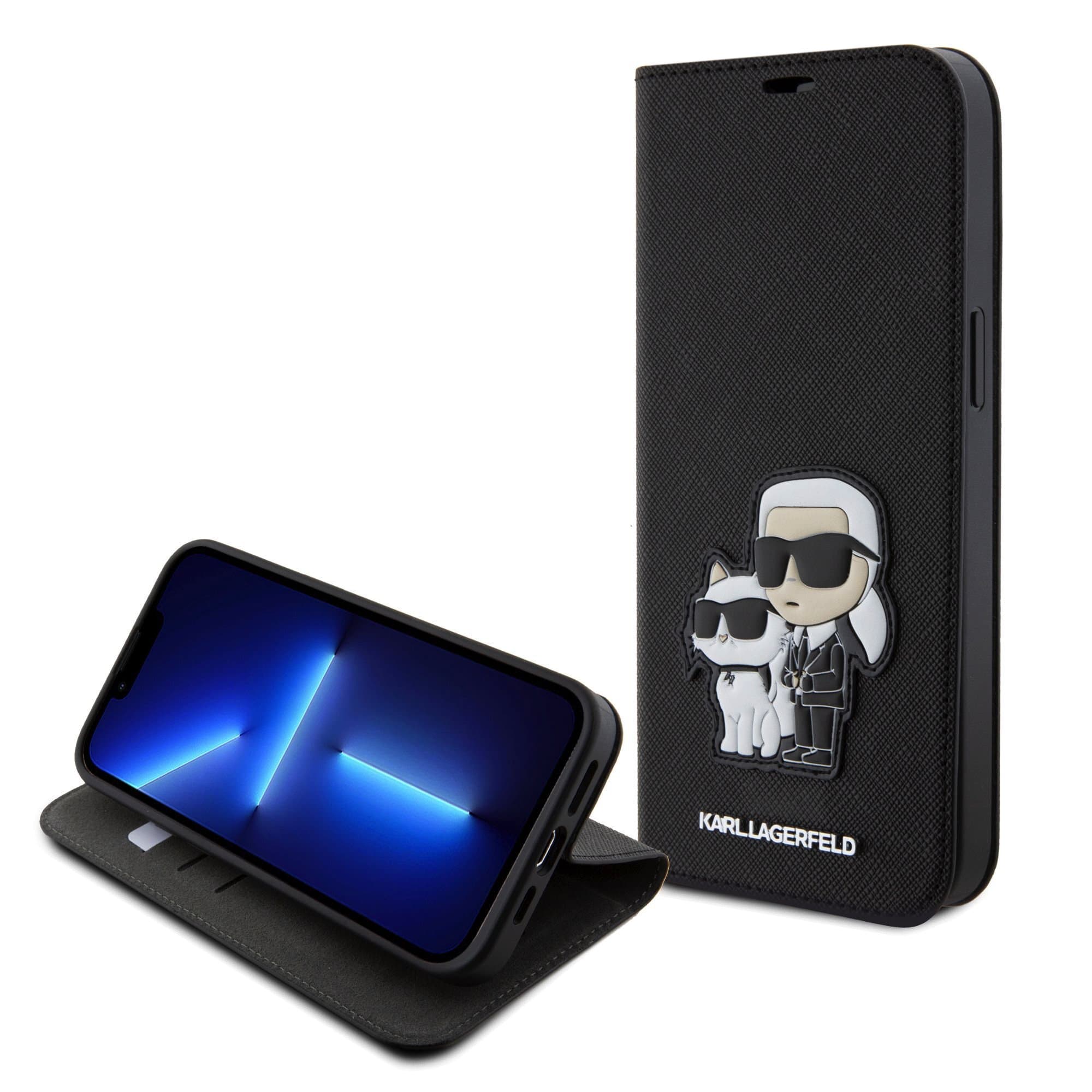 Дизайнерски кожен калъф, тип портфейл за iPhone 15 Pro Max - Karl Lagerfeld PU Saffiano Karl and Choupette NFT Book Case (черен)