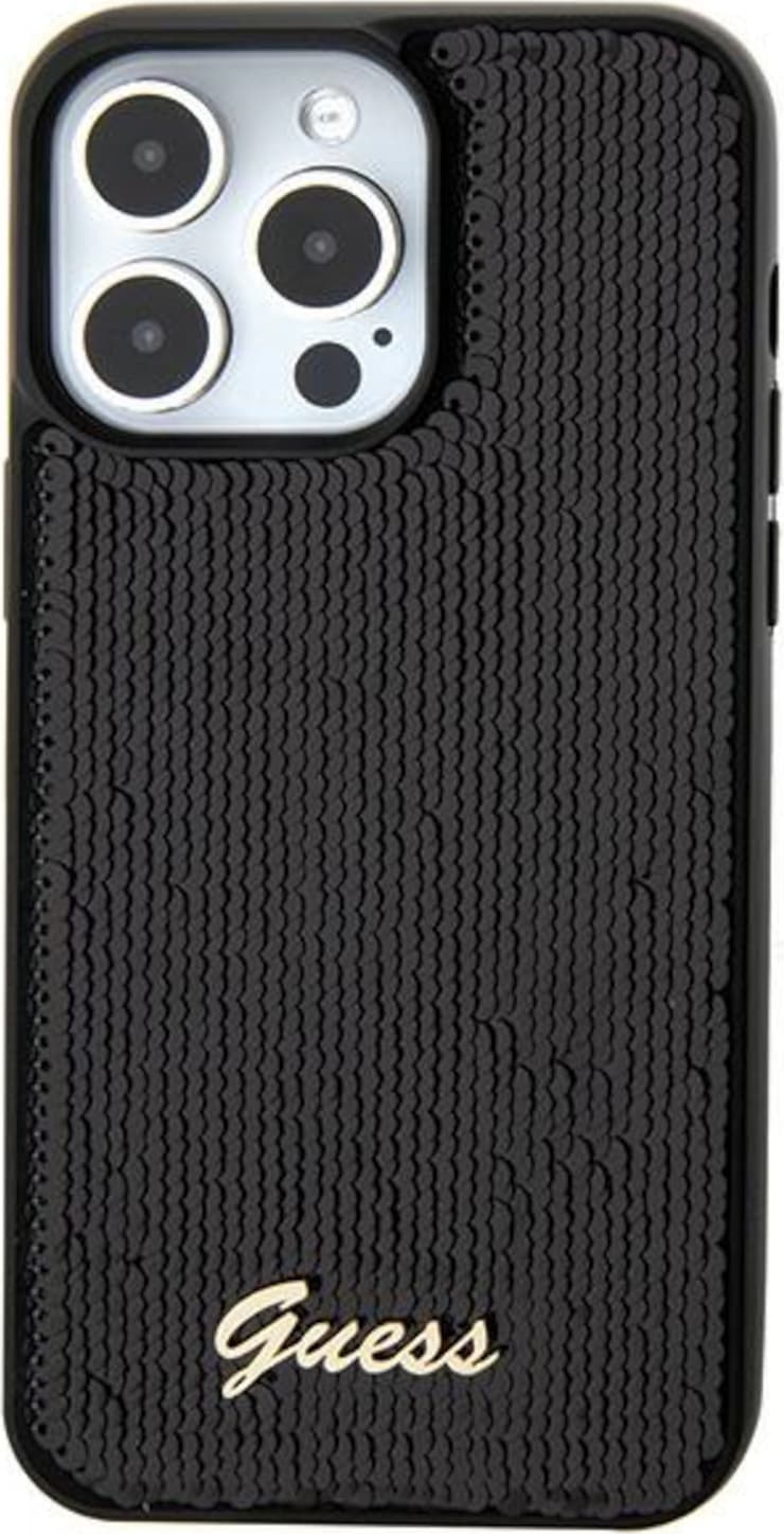 Дизайнерски силиконов кейс за iPhone 15 Pro Max - Guess Sequin Script Logo Case (черен)