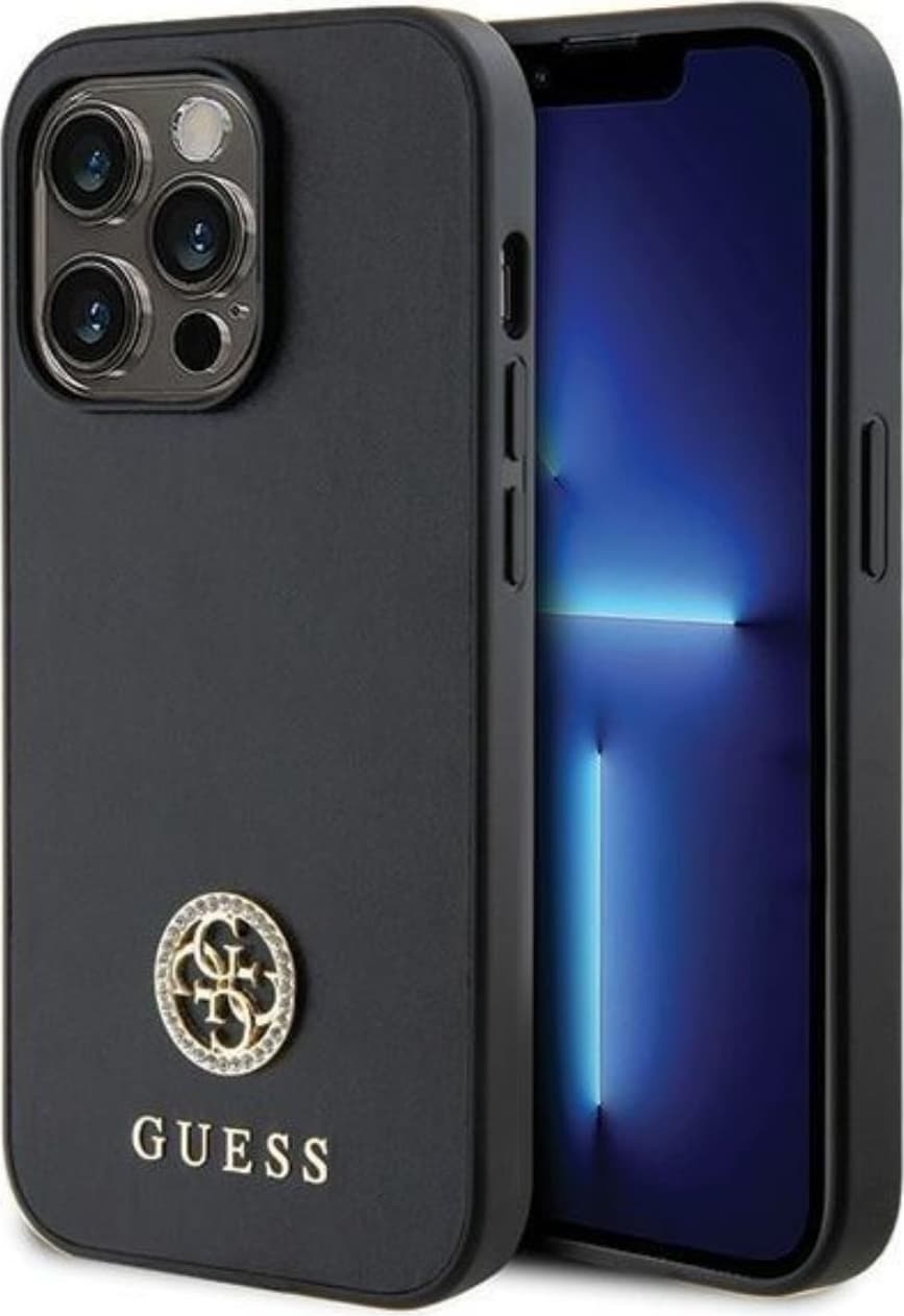 Дизайнерски кожен кейс за iPhone 15 Pro - Guess PU 4G Strass Metal Logo Leather Hard Case (черен)