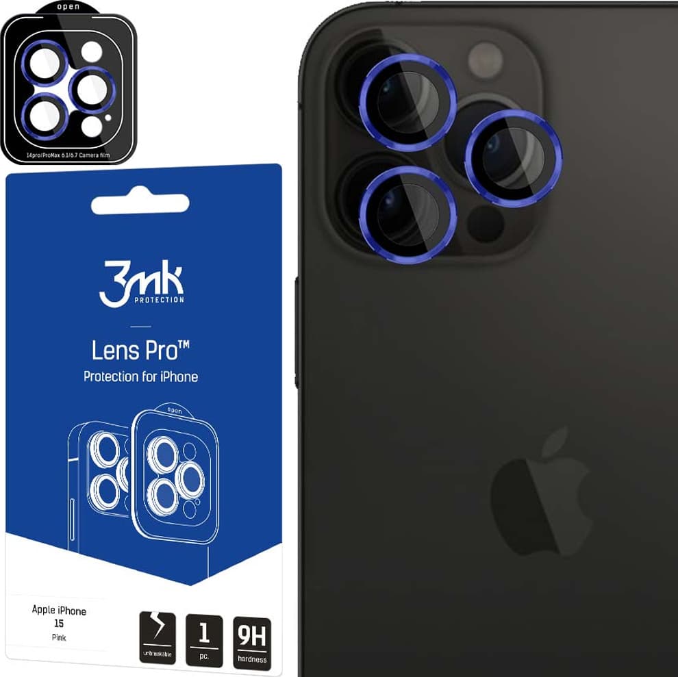 Предпазни стъклени лещи за камерата на iPhone 15 Pro - 3MK Lens Pro Tempered Glass Lens Protector (тъмносин)