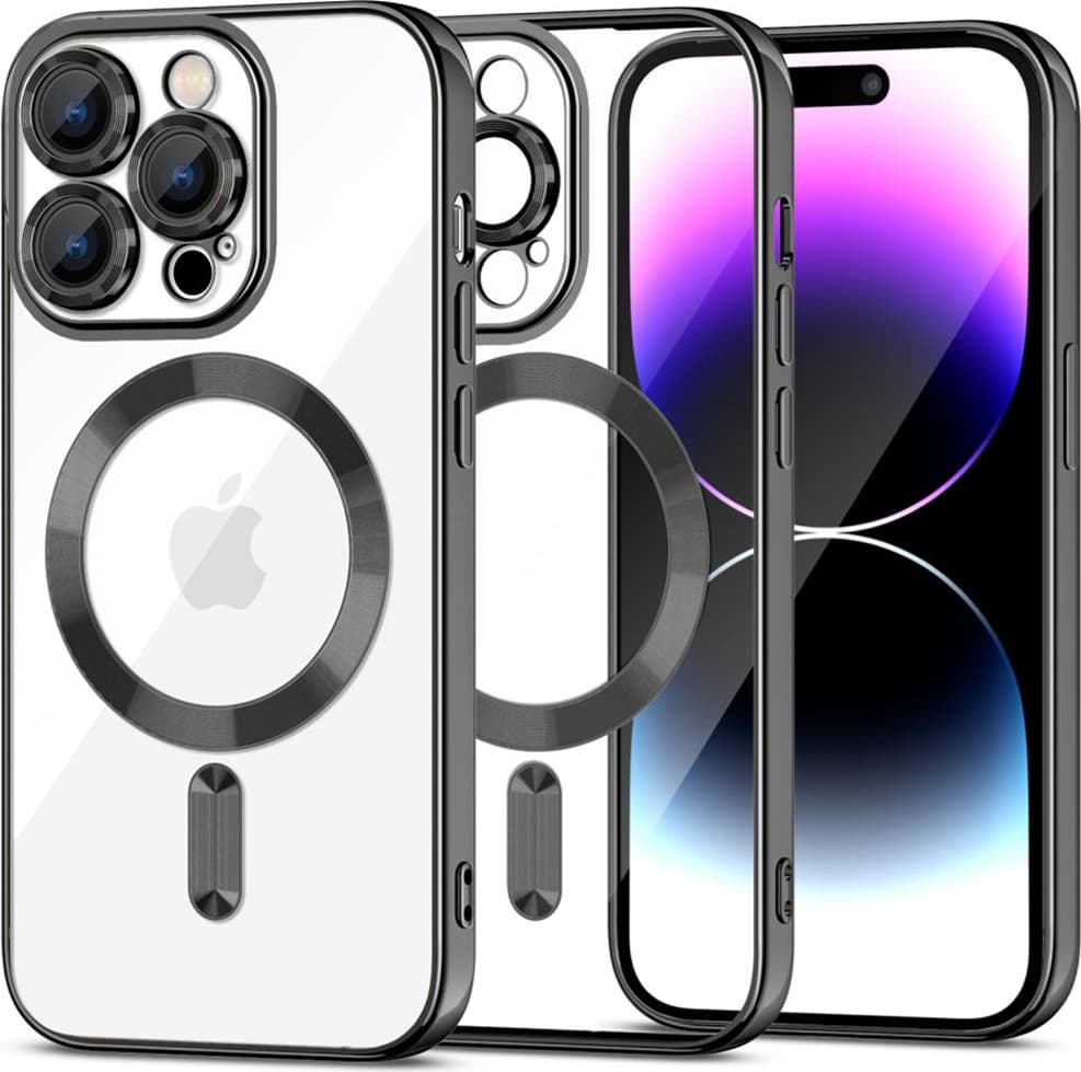 Тънък силиконов (TPU) калъф с MagSafe за iPhone 15 Pro Max - Tech-Protect MagShine MagSafe Case (черен-прозрачен)