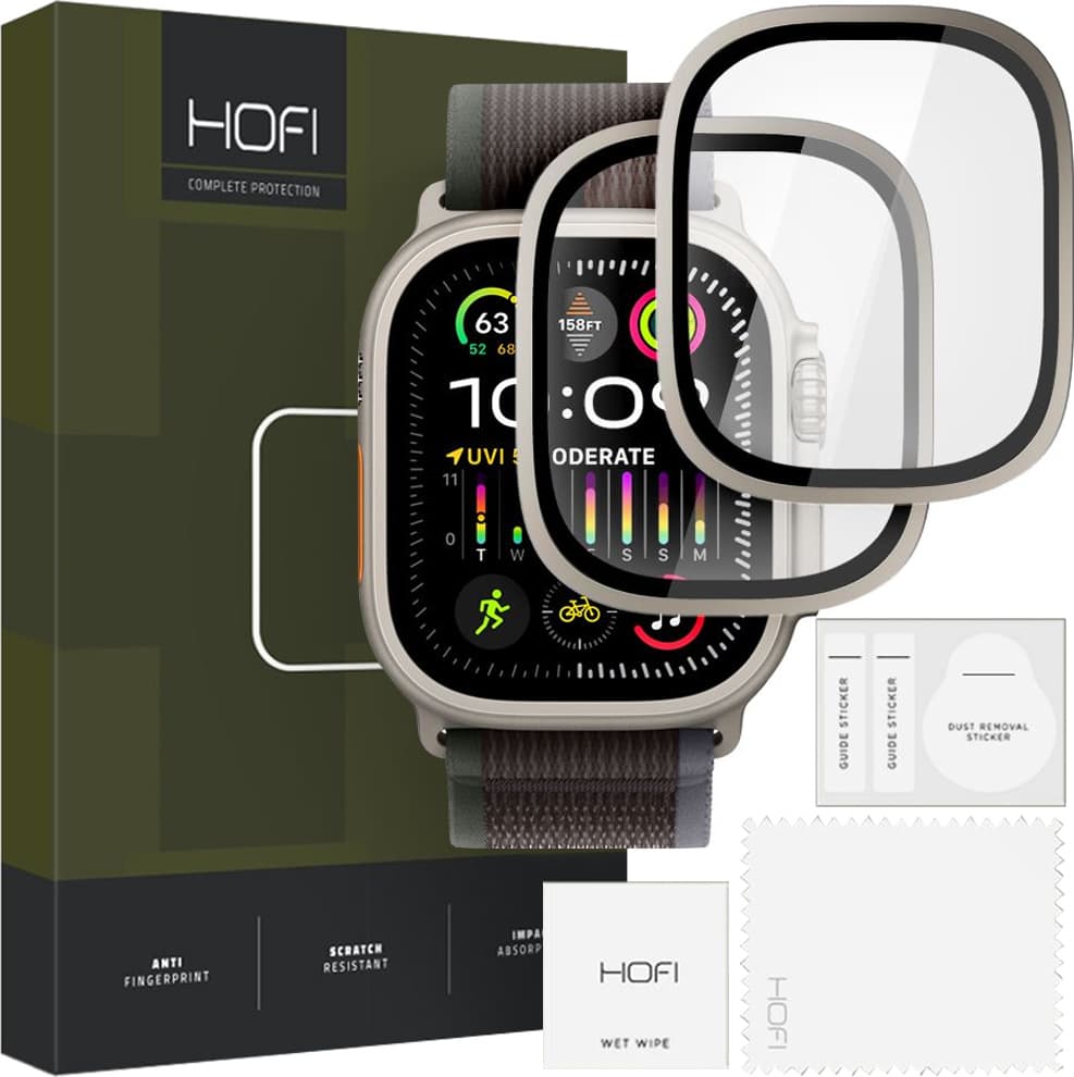 2 броя калено стъклено защитно покритие с алуминиева рамка за Apple Watch Ultra, Ultra 2 49мм - Hofi Glass Ring Screen Protector Set (титан-прозрачен)