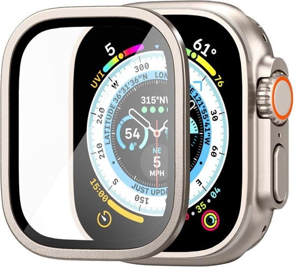 Калено стъклено защитно покритие с алуминиева рамка за Apple Watch Ultra, Ultra 2, Ultra 3 49мм - Spigen Glass GLAS.tR Slim Pro Tempered Galss (титан-прозрачен)