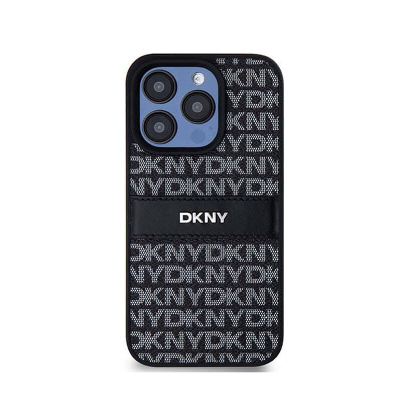 Дизайнерски кожен кейс за iPhone 15 Pro Max - DKNY Repeat Pattern Tonal Stripe Leather Hard Case (черен)