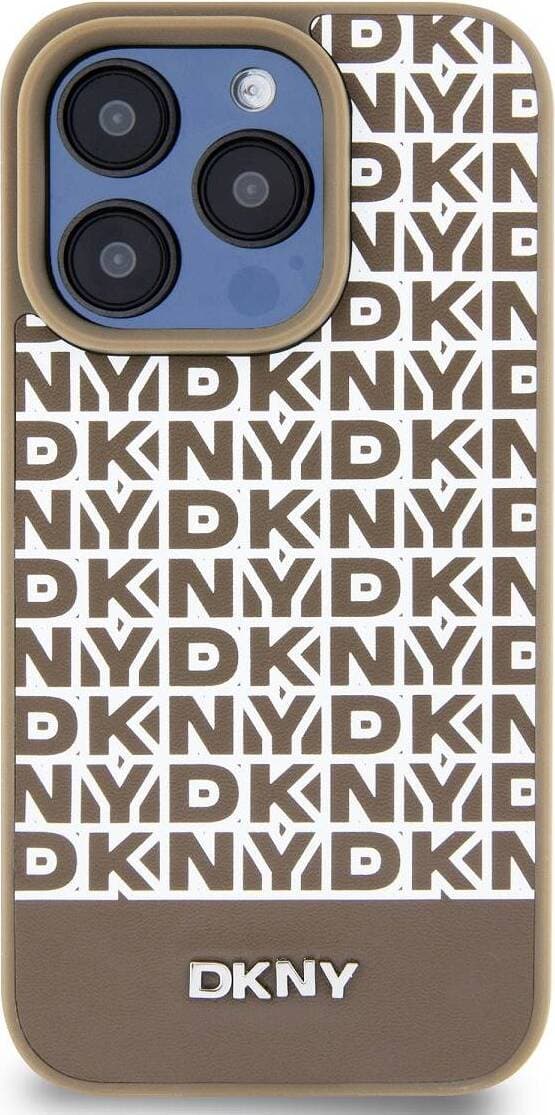 Дизайнерски кожен кейс с MagSafe за iPhone 15 Pro Max - DKNY Repeat Pattern Bottom Stripe MagSafe Leather Hard Case (кафяв)