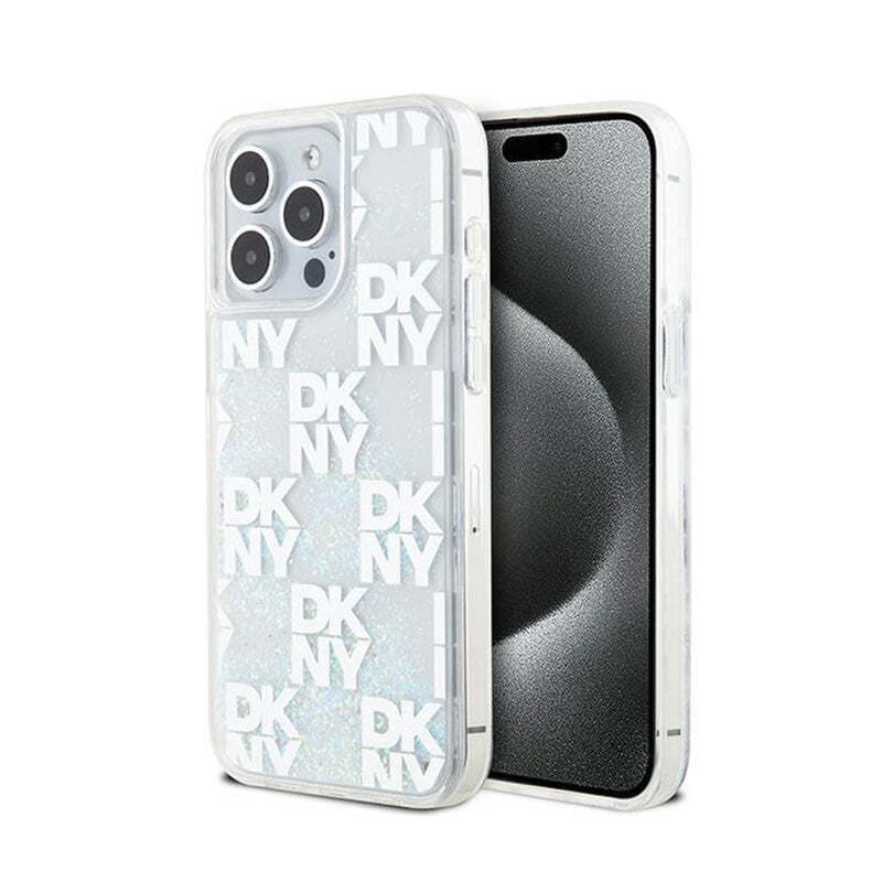 Дизайнерски кейс с висока защита за iPhone 15 Pro Max - DKNY Liquid Glitter Checkered Pattern Case (прозрачен)