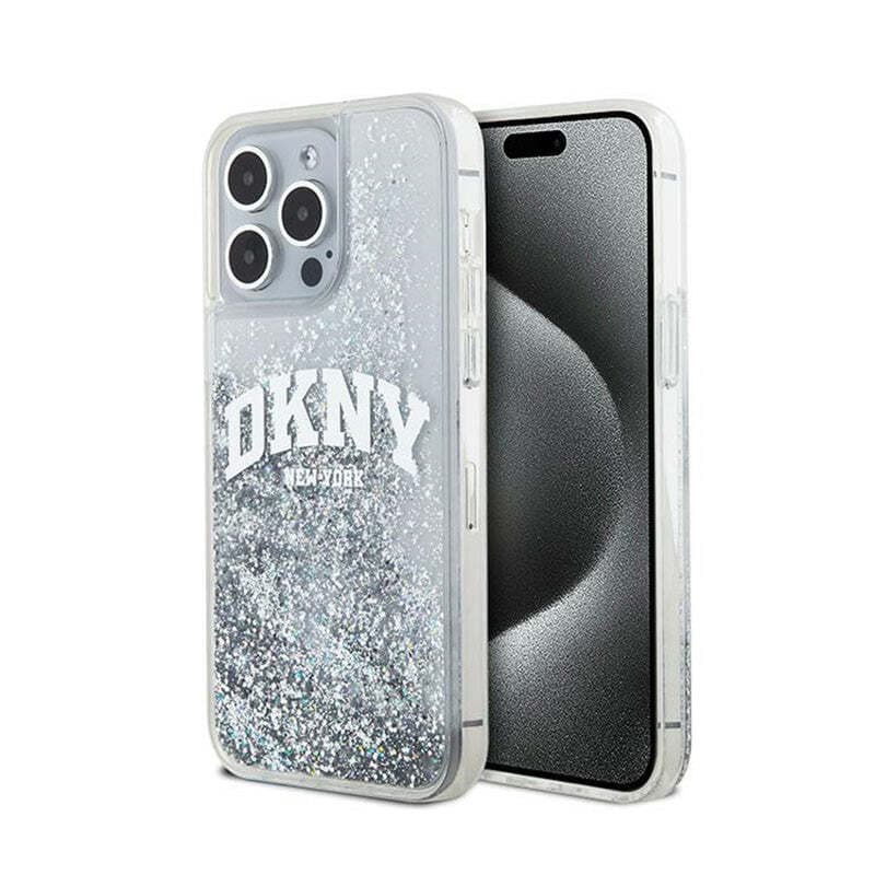 Дизайнерски кейс с висока защита за iPhone 15 Pro - DKNY Liquid Glitter Arch Logo Case (прозрачен)