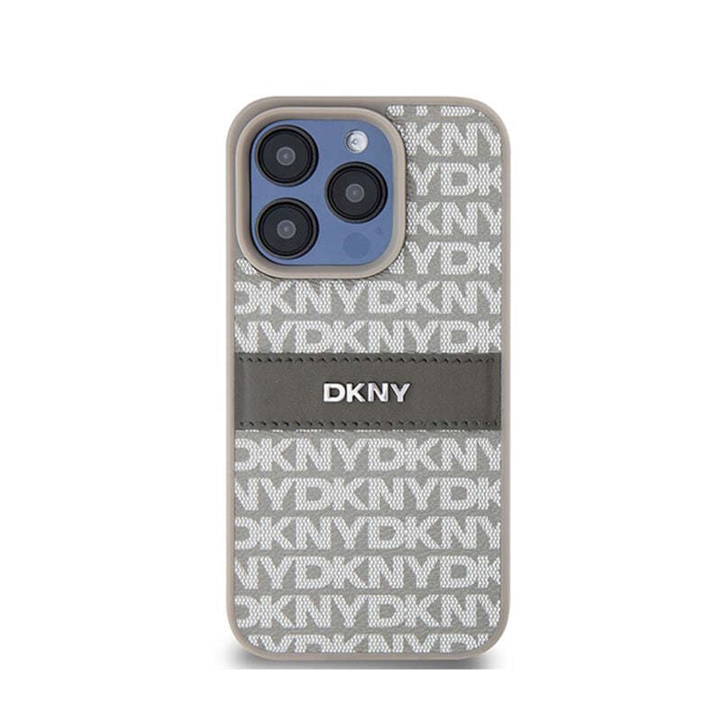 Дизайнерски кожен кейс за iPhone 15 Pro - DKNY Repeat Pattern Tonal Stripe Leather Hard Case (бежов)