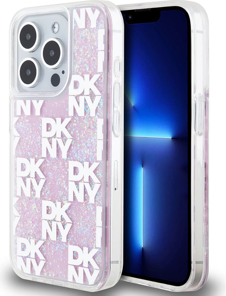 Дизайнерски кейс с висока защита за iPhone 15 Pro - DKNY Liquid Glitter Checkered Pattern Case (розов)
