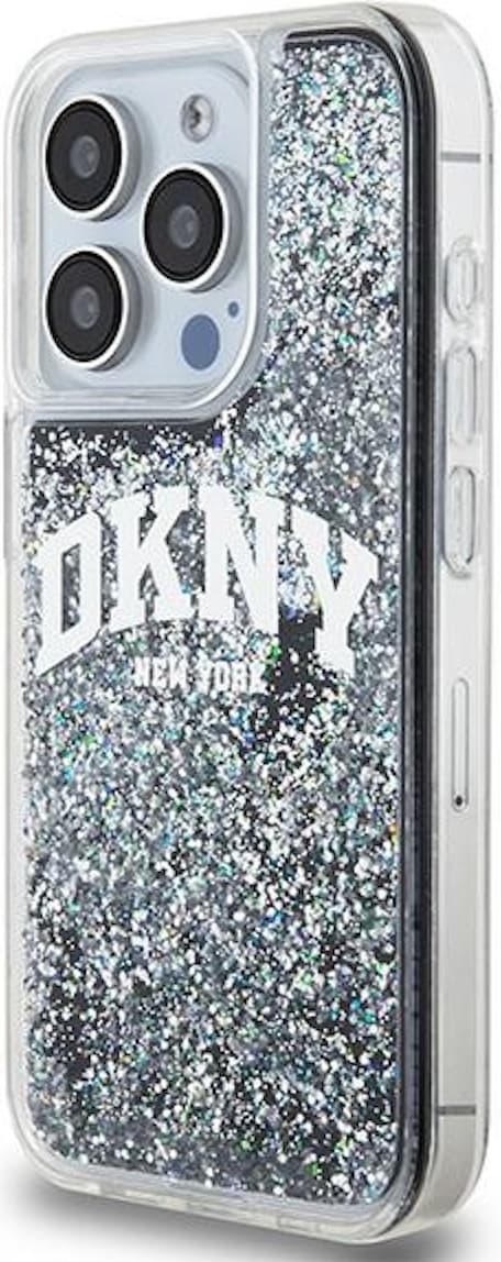 Дизайнерски кейс с висока защита за iPhone 14 Pro Max - DKNY Liquid Glitter Arch Logo Case (черен)
