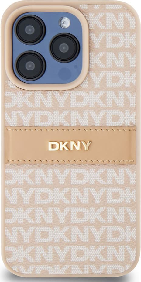 Дизайнерски кожен кейс за iPhone 14 Pro Max - DKNY Repeat Pattern Tonal Stripe Leather Hard Case (розов)