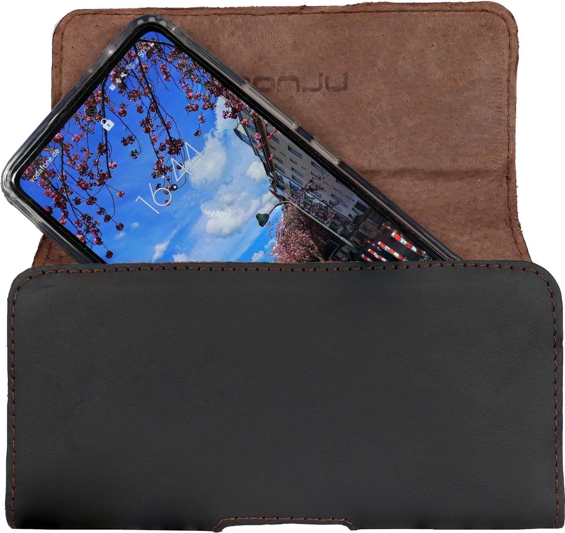 Кожен (естествена кожа) калъф за смартофни с размери до 170 x 85 мм - Honju Horizon Smooth Belt Leather Case Universal XL (черен)