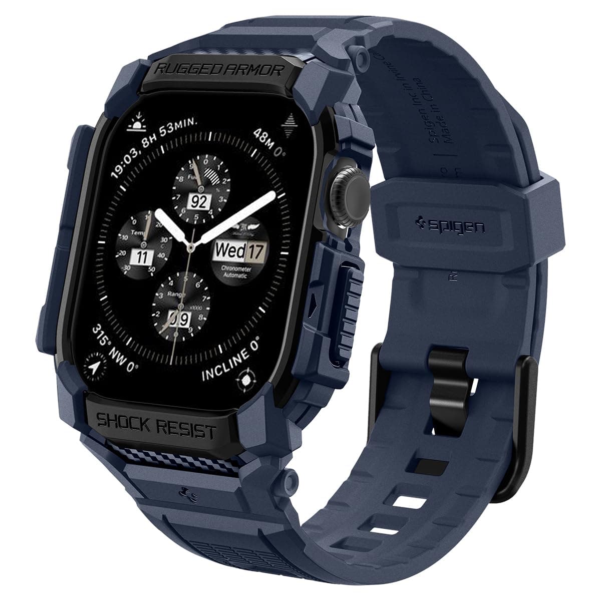 Удароустойчив TPU кейс с вградена каишка за Apple Watch 10 42мм (2024) - Spigen Rugged Armor Case Pro (тъмносин)