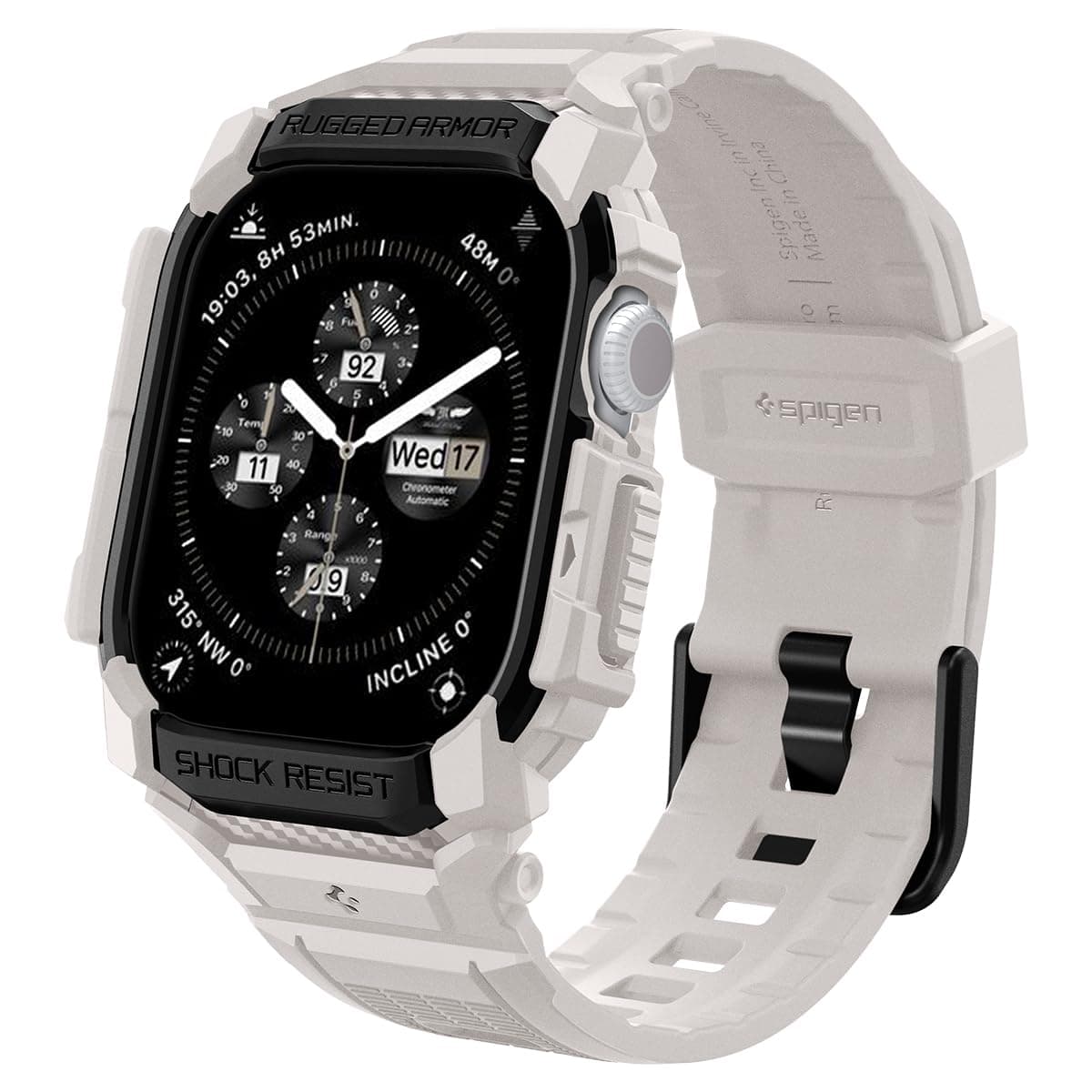 Удароустойчив TPU кейс с вградена каишка за Apple Watch 10 42мм (2024) - Spigen Rugged Armor Case Pro (бежов)