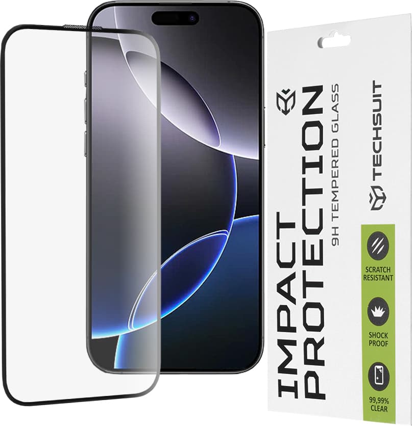 Калено стъклено защитно покритие за дисплея на iPhone 16 Pro Max - Techsuit Full Glue Tempered Glass 111D (черен-прозрачен)