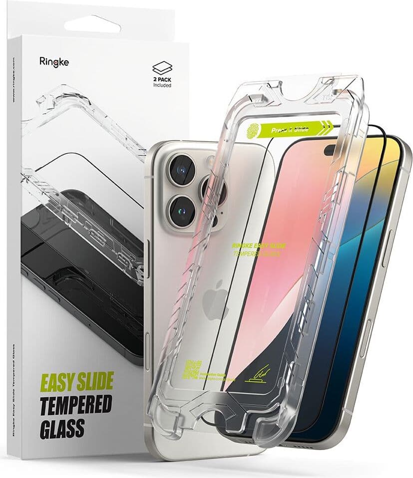 2 броя калени стъклени защитни покрития за дисплея на iPhone 16 Pro Max - Ringke Easy Slide Tempered Glass 2 Pack (черен-прозрачен)