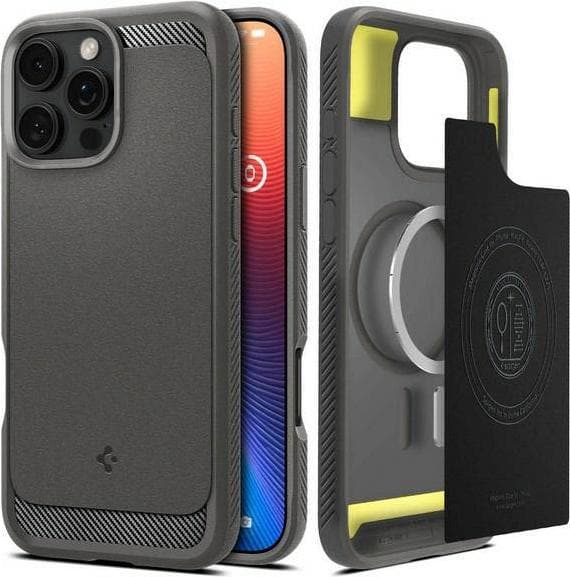 Удароустойчив силиконов (TPU) калъф с MagSafe за iPhone 16 Pro (сив) - Spigen Rugged Armor MagSafe Case