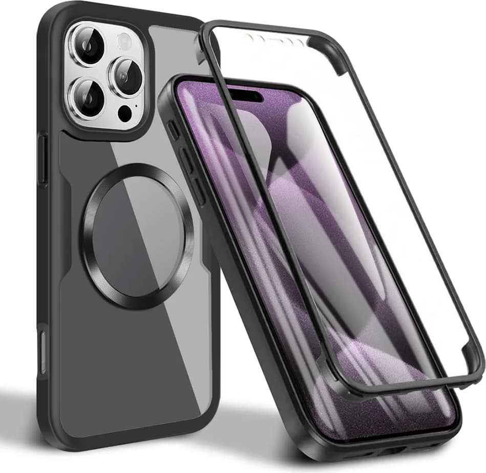 Удароустойчив хибриден кейс с MagSafe и вграден протектор за дисплея за iPhone 16 Pro Max - Techsuit ColorVerse 360 MagSafe Protective Hybrid Case (черен-прозрачен)