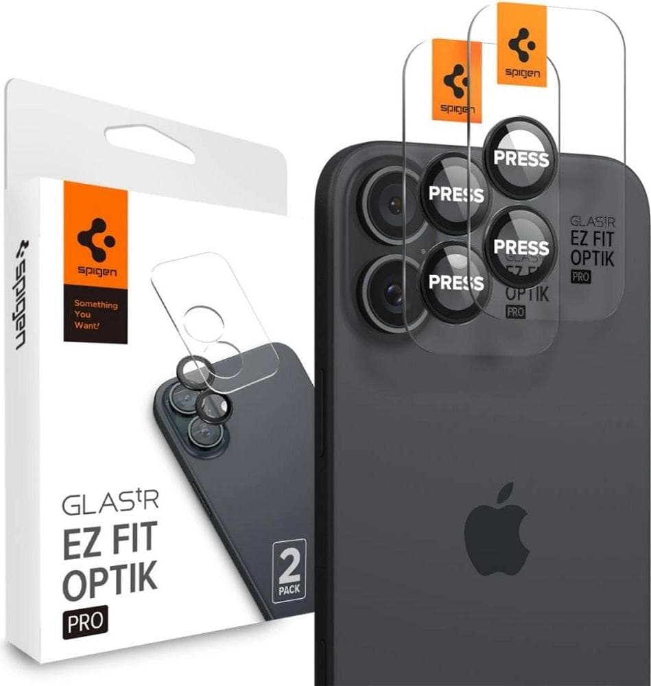 2 комплекта предпазни стъклени лещи за камерата на iPhone 17, iPhone 16, iPhone 16 Plus - Spigen Glass tR EZ Fit Optik Pro Lens Protector 2 Pack (черен)
