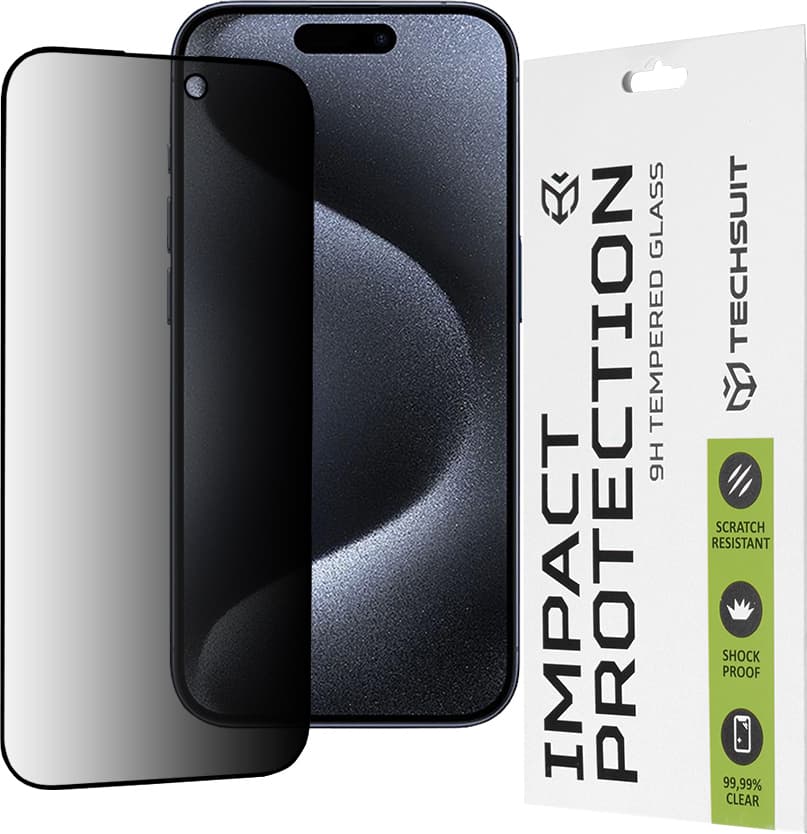 Калено стъклено защитно покритие с определен ъгъл на виждане на iPhone 16, iPhone 15 Pro - Techsuit Privacy Full Glue Tempered Glass 111D (черен-прозрачен)