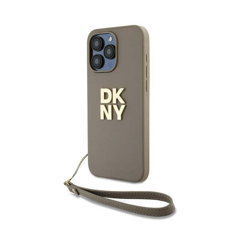 Дизайнерски кожен кейс с връзка за носене за iPhone 15 Pro Max - DKNY Stack Logo Wrist Strap Leather Hard Case (бежов)