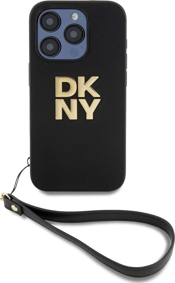 Дизайнерски кожен кейс с връзка за носене за iPhone 15 Pro Max - DKNY Stack Logo Wrist Strap Leather Hard Case (черен)