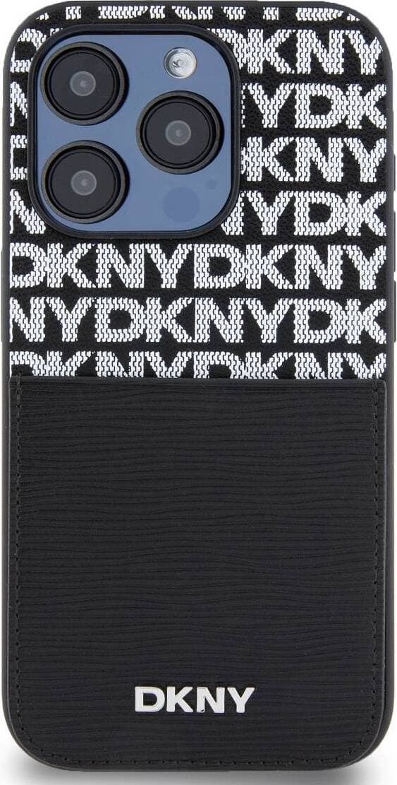 Дизайнерски кожен кейс с джоб за кредитна карта за iPhone 15 Pro Max - DKNY Repeat Pattern Card Pocket Leather Hard Case (черен)
