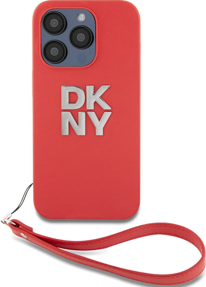 Дизайнерски кожен кейс с връзка за носене за iPhone 15 Pro - DKNY Stack Logo Wrist Strap Leather Hard Case (червен)