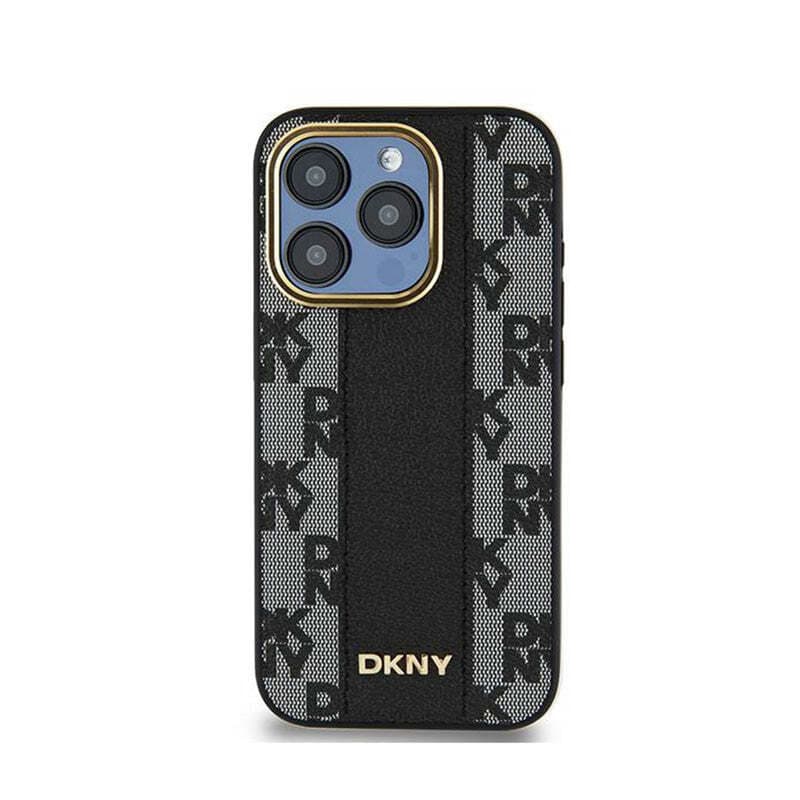Дизайнерски кожен кейс с MagSafe за iPhone 15 Pro Max - DKNY Checkered Pattern MagSafe Leather Hard Case (черен)