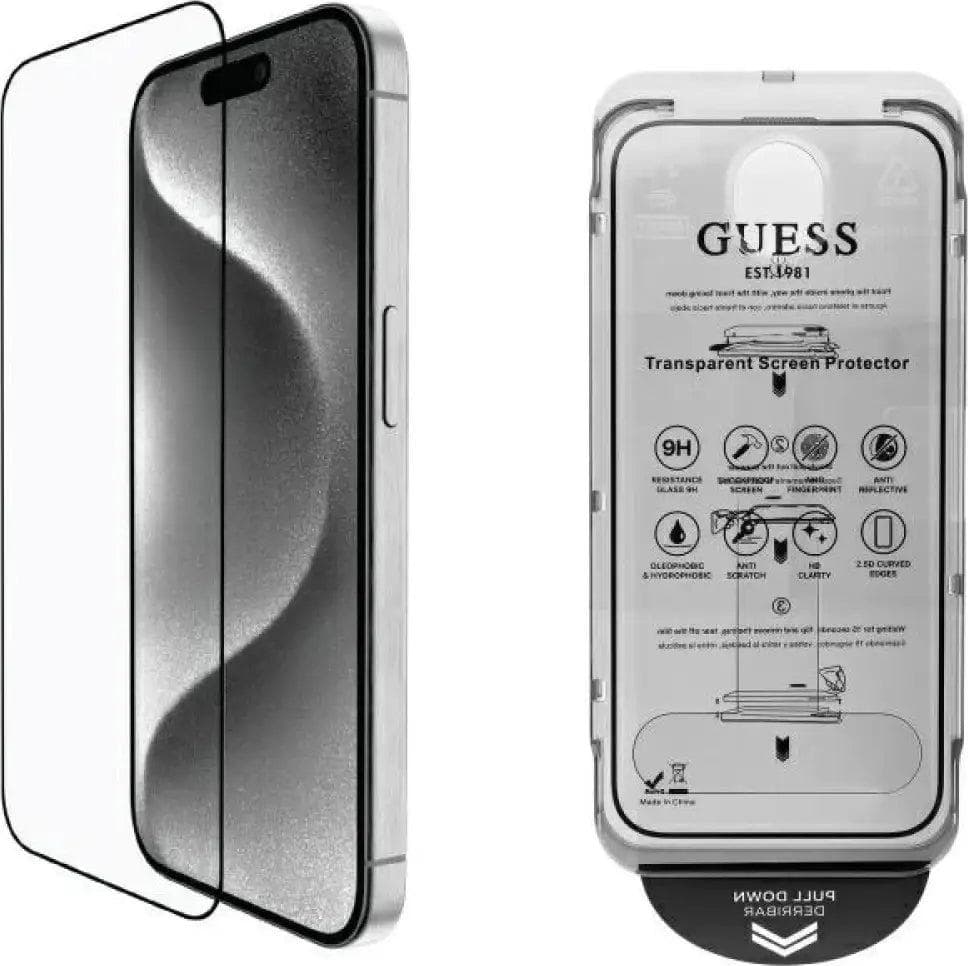 Стъклено защитно покритие за дисплея на iPhone 16 - Guess Full Cover Tempered Glass 2.5D (черен-прозрачен)