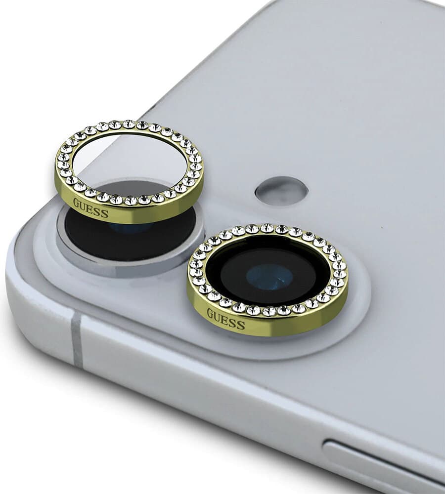 Предпазни стъклени лещи с кристали за камерата на iPhone 16, iPhone 16 Plus - Guess Fixed Glliter Tempered Glass Camera Lens Protector (златист)