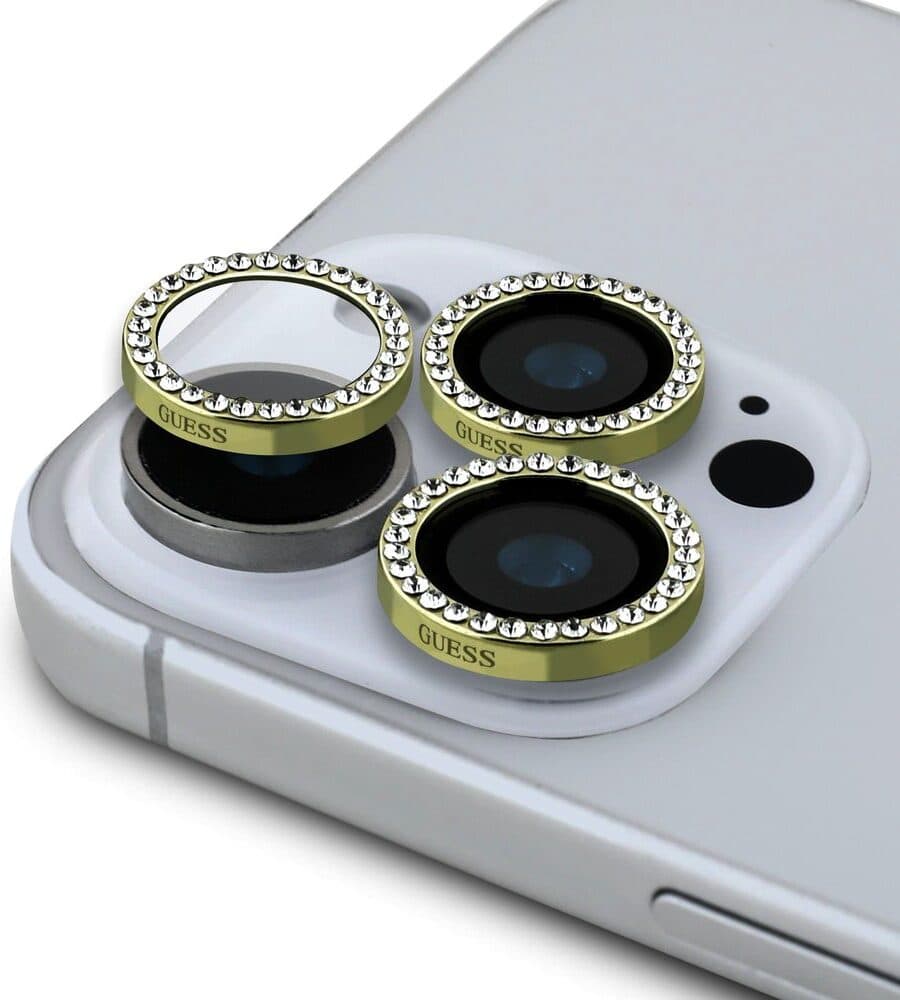 Предпазни стъклени лещи с кристали за камерата на iPhone 16 Pro, iPhone 16 Pro Max - Guess Fixed Glliter Tempered Glass Camera Lens Protector (златист)
