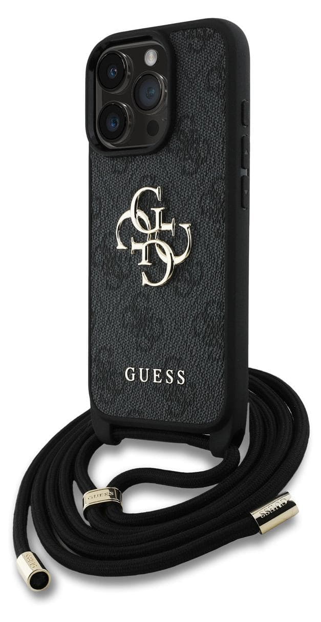 Дизайнерски кожен кейс с връзка за носене през врата за iPhone 16 Pro - Guess PU 4G Metal Logo Crossbody Strap Case (черен)