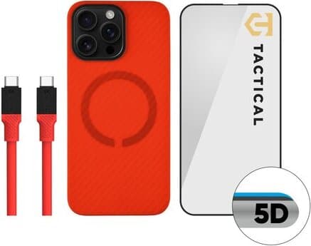 Комплект кевларен кейс с MagSafe, стъклено покритие за дисплея и USB-C кабел за iPhone 16 Pro Max - Tactical Red Limited Edition Combo (червен)