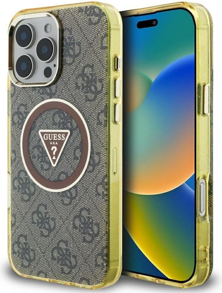 Хибриден удароустойчив кейс с MagSafe за iPhone 16 Pro Max - Guess IML 4G Glitter And Triangle Logo MagSafe Case (кафяв-жълт)