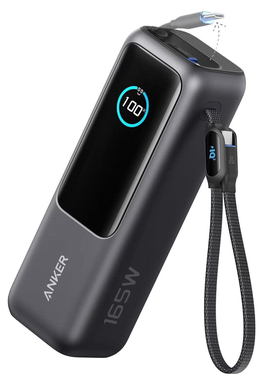 Преносима външна батерия с USB-C и USB изходи и технология за бързо зареждане - Anker Laptop Power Bank With Built-In Retractable Cables 25000 mAh 165W (черен)