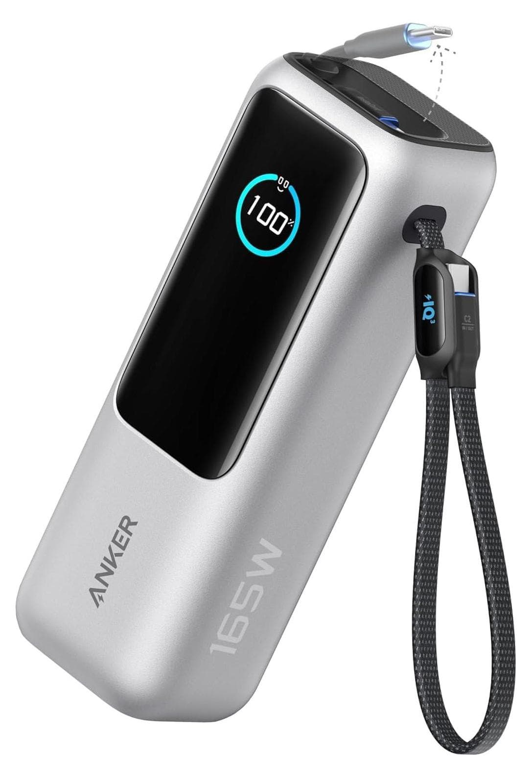 Преносима външна батерия с USB-C и USB изходи и технология за бързо зареждане - Anker Laptop Power Bank With Built-In Retractable Cables 25000 mAh 165W (сребрист)