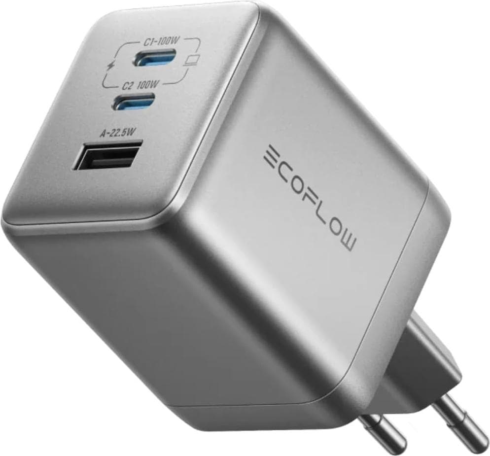 Захранване за ел. мрежа за лаптопи, смартфони и таблети с 2xUSB-C и 1xUSB-A изходи - EcoFlow Rapid Pro GaN Wall Charger 100W (тъмносив)