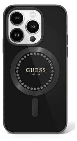 Дизайнерски силиконов кейс с MagSafe за iPhone 16 Pro Max - Guess IML Rhinestones Ring MagSafe Case (черен)