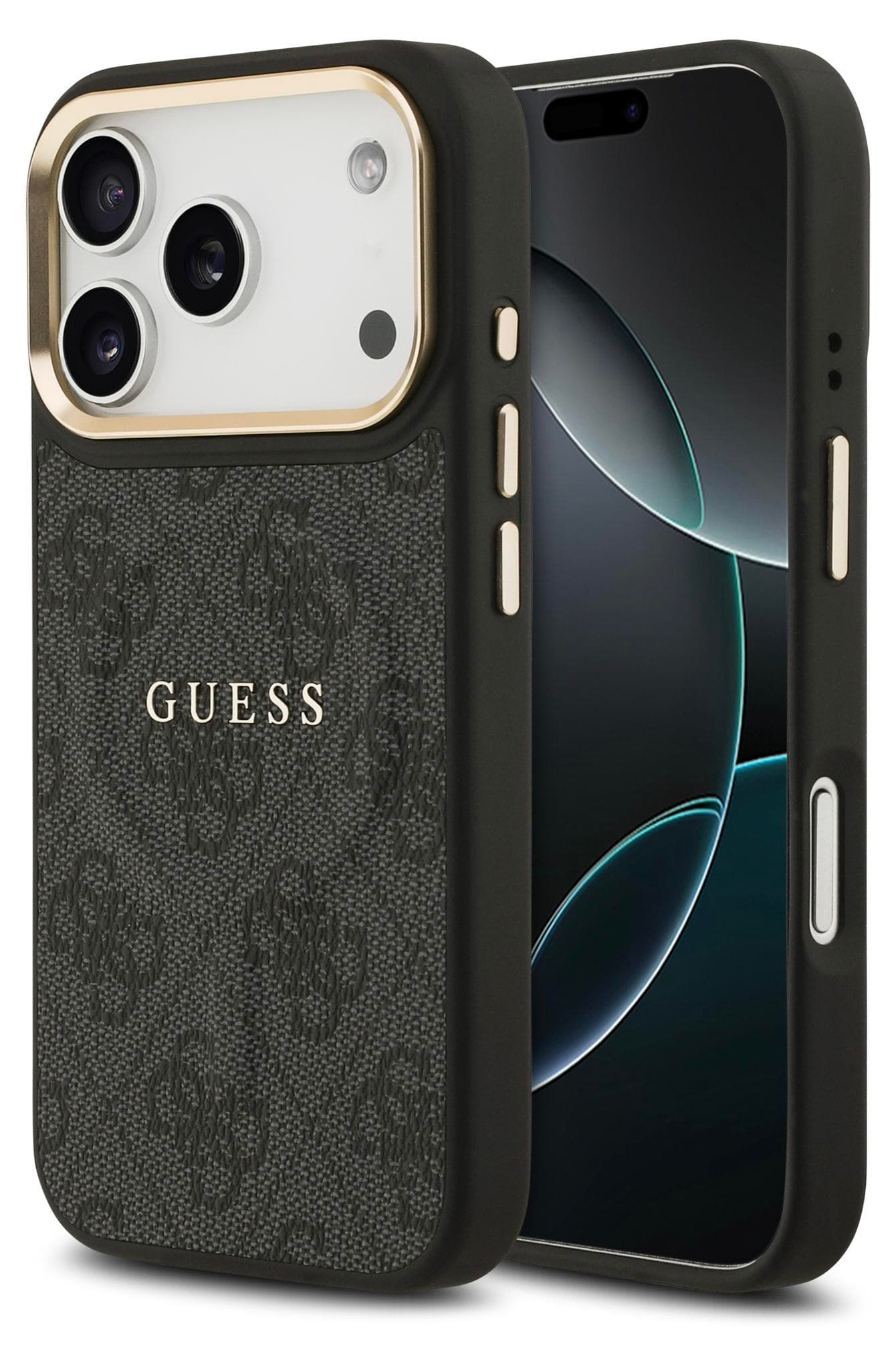Дизайнерски кожен кейс с MagSafe за iPhone 17 Pro - Guess PU 4G Gold Frame MagSafe Leather Hard Case (черен)